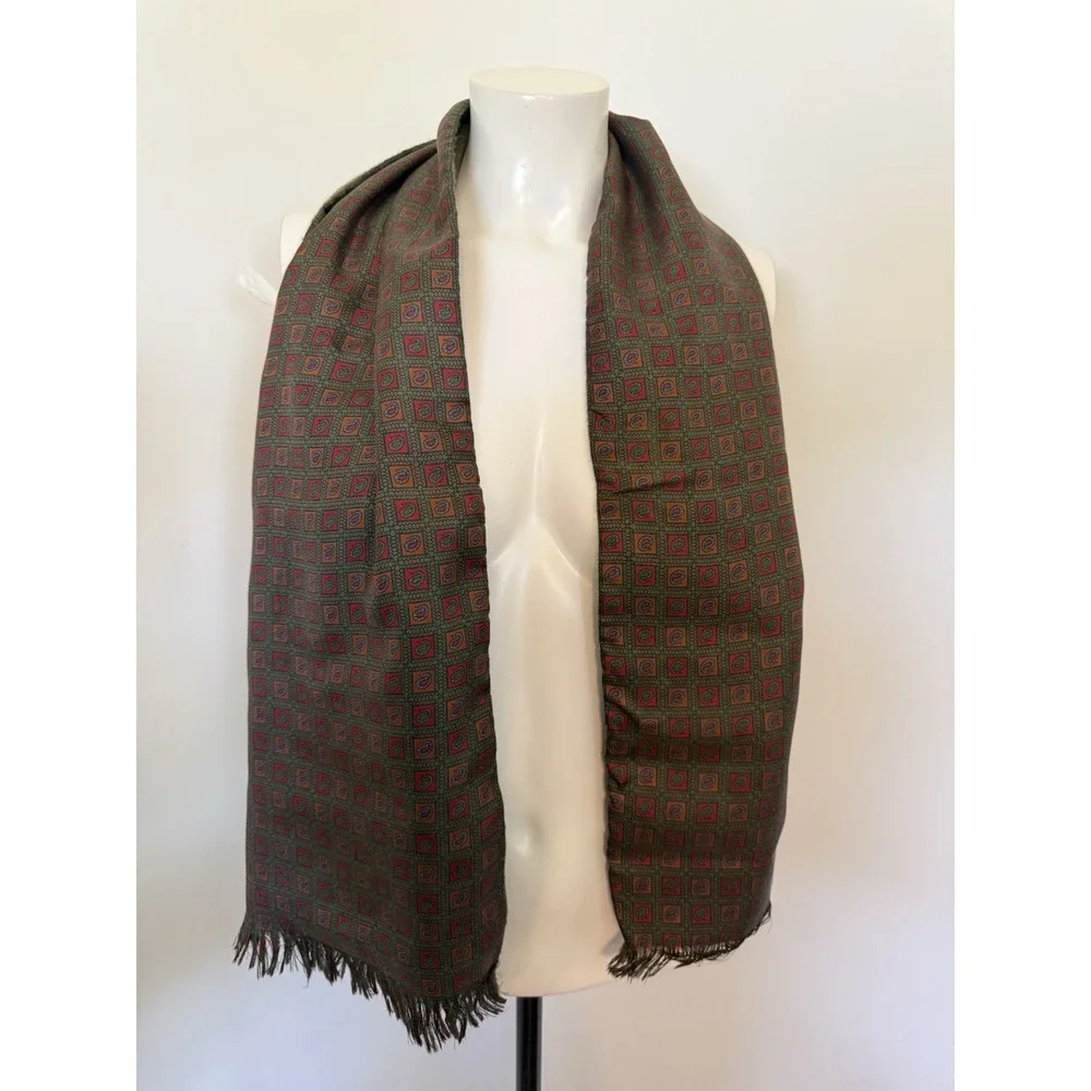 Vtg Scarf Two Sided Reversible Silk Wool Green Paisley Fringe Unisex 50